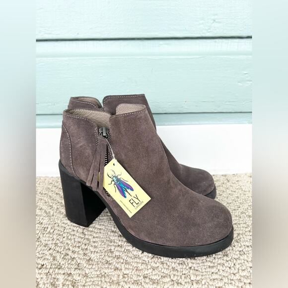 Fly London NWT Shar brown suede boots zip up heeled booties classic spring 5.5/6 - Picture 2 of 10